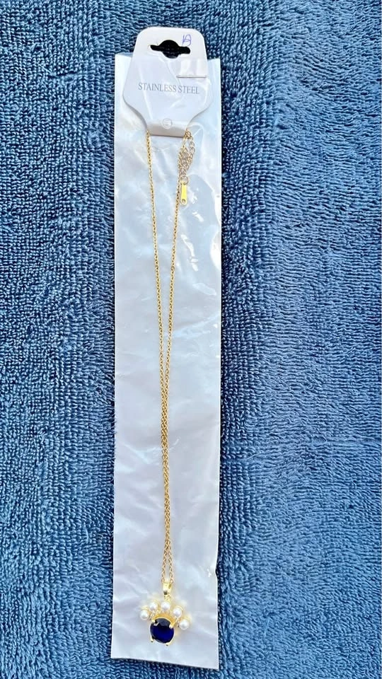 New Stainless Steel Gold Sapphire Blue Paw Print Pearl Necklace