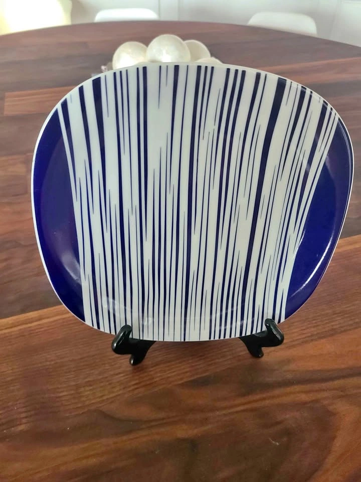 Vintage Blue and White Striped Square Porcelain Plate