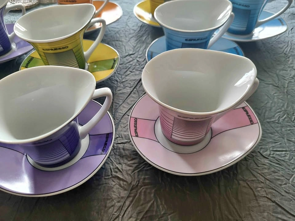 Set of 8 Colourful Modern Espresso Cups and Saucers