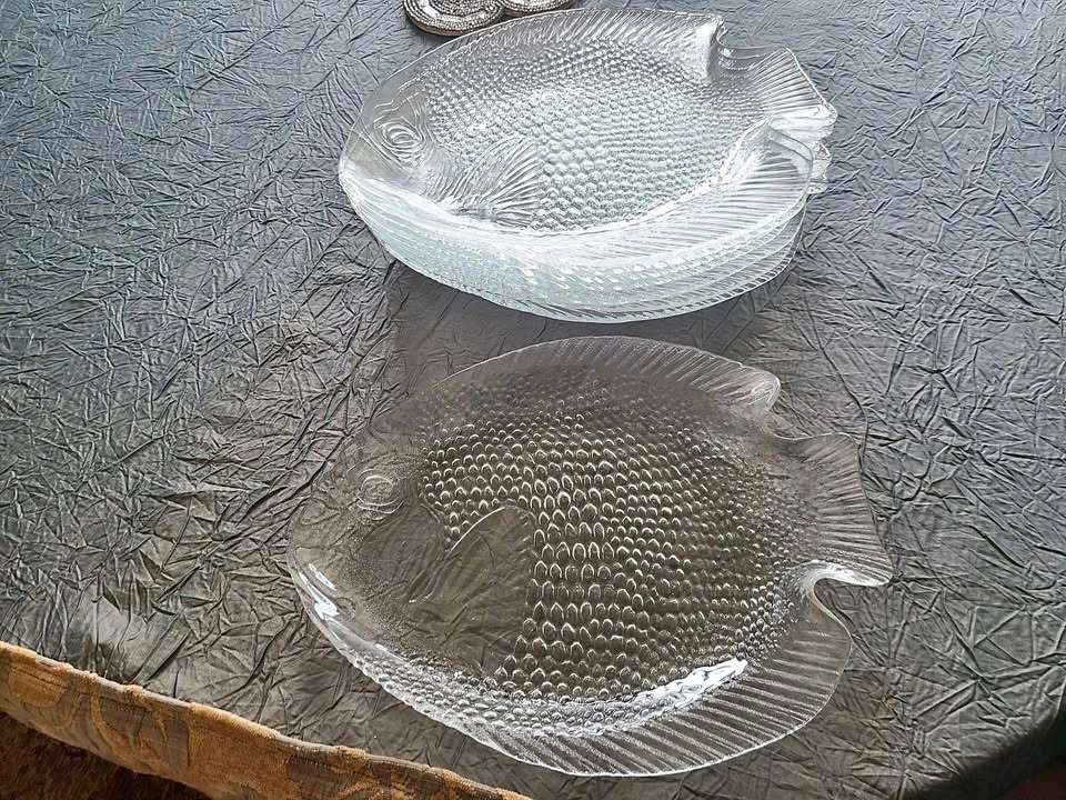 Set of 8 Arcoroc Fish Shaped Glass Plates