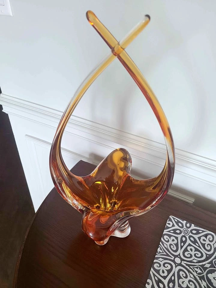 Mid-Century Modern Amber Art Glass Basket