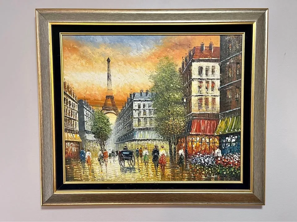Painting of Paris Street Scene with Eiffel Tower 24" W 20" H