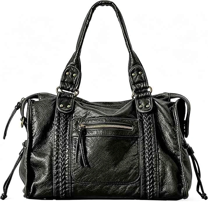 Washed Vintage Leather Shoulder Bag with Braided Trim