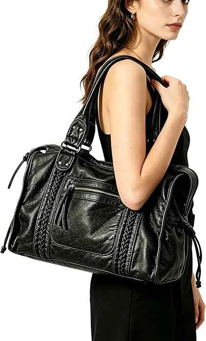 Washed Vintage Leather Shoulder Bag with Braided Trim - photo 2