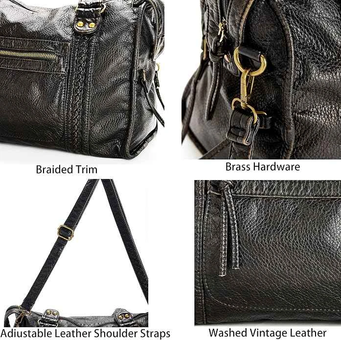 Washed Vintage Leather Shoulder Bag with Braided Trim - photo 4