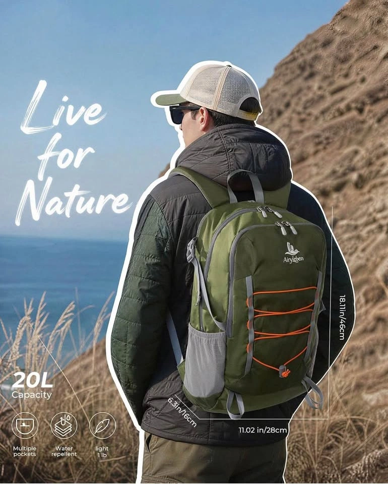 (New)20L Hiking Backpack, Lightweight Travel Backpack, Green - photo 3