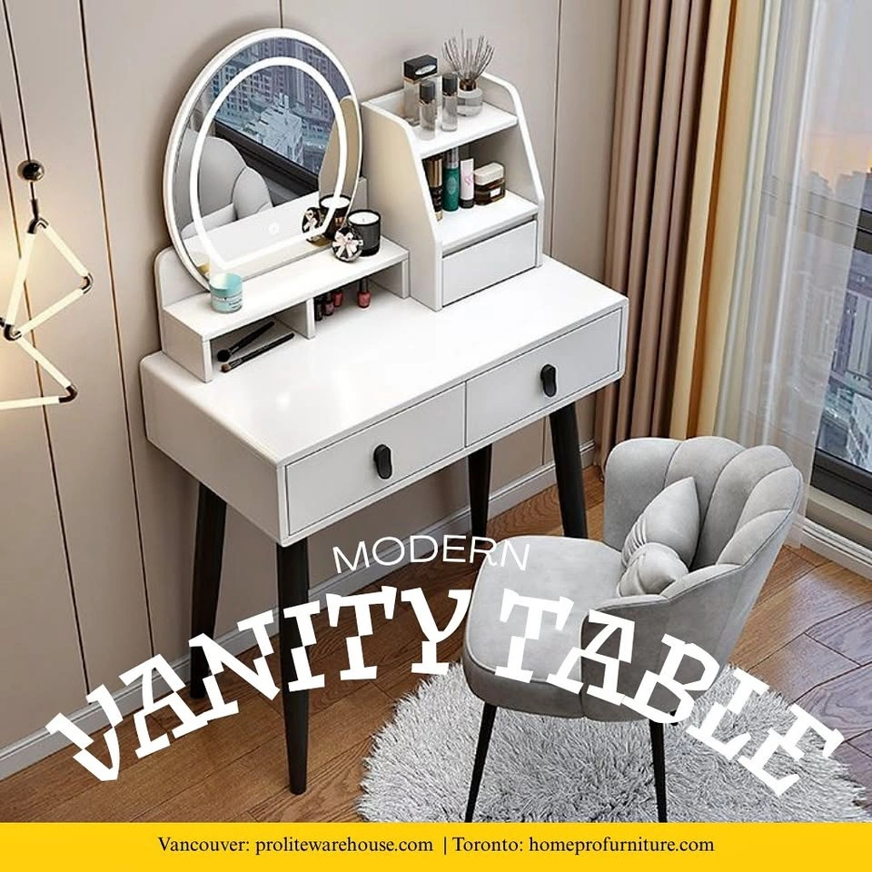 Modern White Vanity Table with LED Mirror and Storage