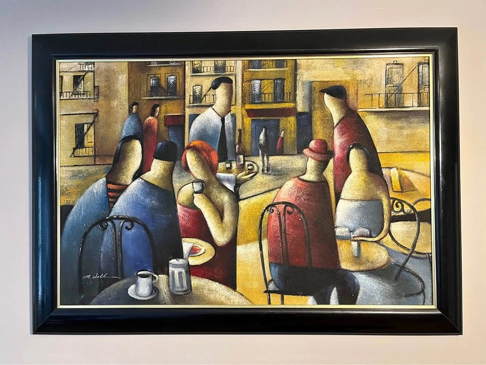 Painting of Café Scene 36"W 24"H Framed Wall Art