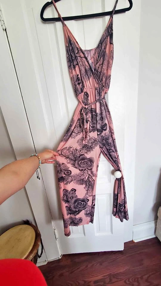 Pink and Rose Print Pant Romper with stretch