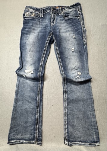 Rock Revival Sundee Woman’s Bootcut Jeans Denim Distressed Embro