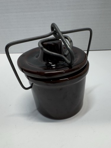 Brown Stoneware Vintage Clover Crock w Wire Clamp Lid Empty 4” - photo 2