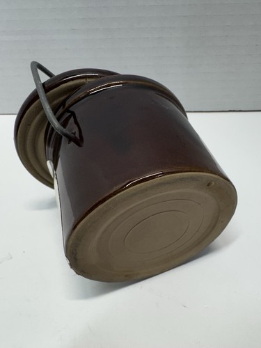 Brown Stoneware Vintage Clover Crock w Wire Clamp Lid Empty 4” - photo 3