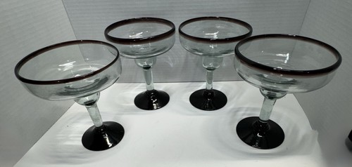 4 Piece Mexican Mouth Blown Dark Red/Maroon Margarita Glasses