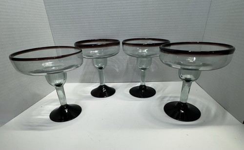 4 Piece Mexican Mouth Blown Dark Red/Maroon Margarita Glasses - photo 4