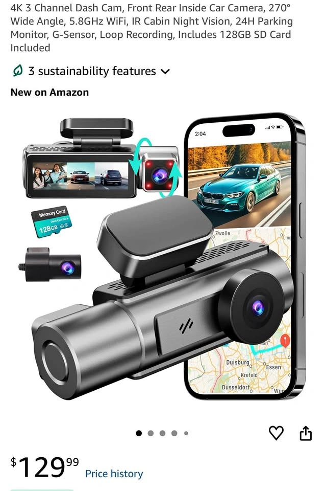 (New)4K 3 Channel Dash Cam (128GB SD Card Included)