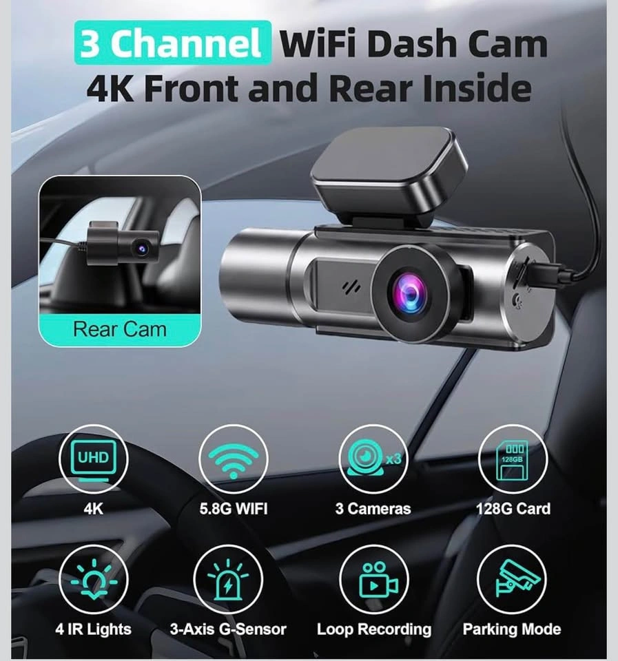 (New)4K 3 Channel Dash Cam (128GB SD Card Included) - photo 3