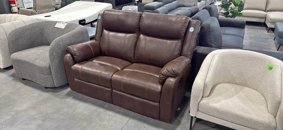 Brown luxury vegan leather reclining loveseat