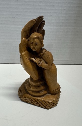 Hand of GOD Protects Figurine Carved BOY Solid OLIVE WOOD 6"H