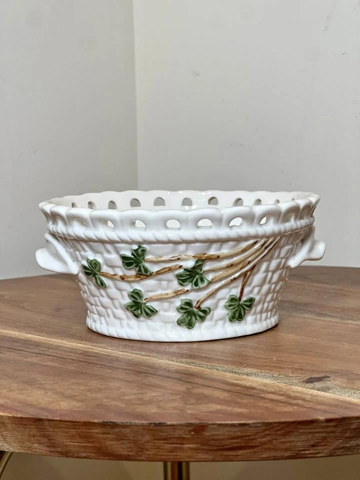 Vintage Belleek Shamrock Basketweave Pierced Rim Bowl