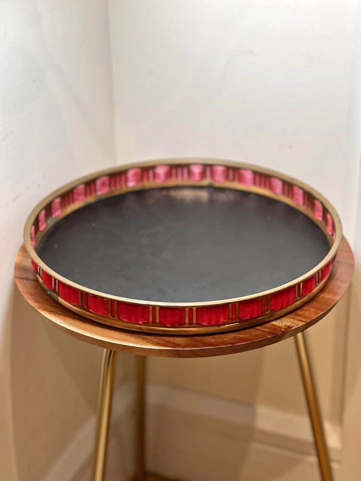Vintage Mid-Century Brass & Red Velvet Round Serving Tray