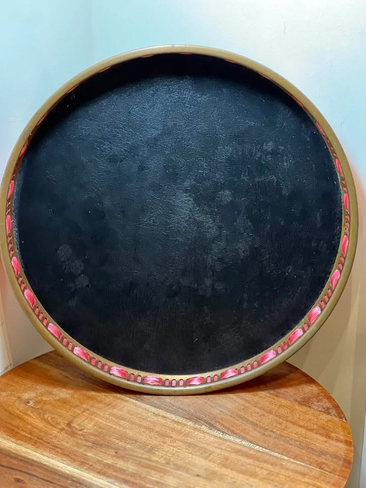Vintage Mid-Century Brass & Red Velvet Round Serving Tray - photo 2