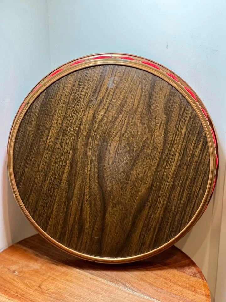 Vintage Mid-Century Brass & Red Velvet Round Serving Tray - photo 3