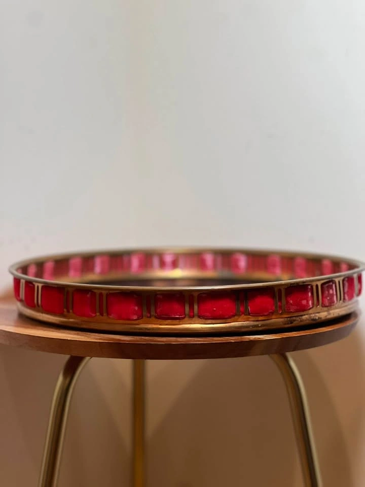 Vintage Mid-Century Brass & Red Velvet Round Serving Tray - photo 4