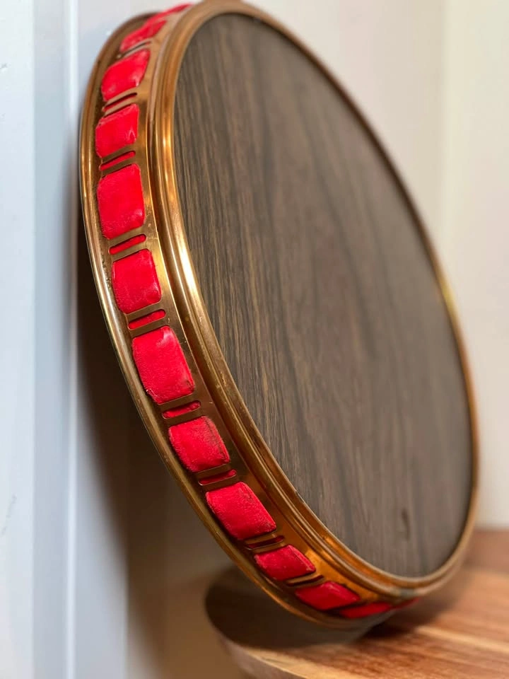 Vintage Mid-Century Brass & Red Velvet Round Serving Tray - photo 5