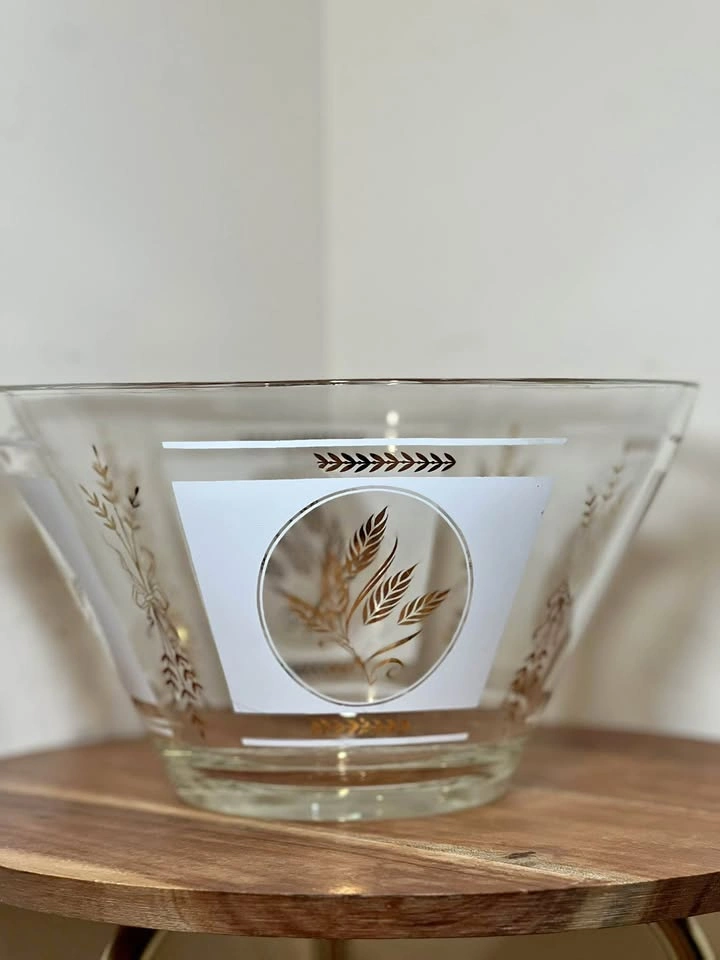 Vintage MCM Glass Chip Serving Bowl – Gold & Frosted White Wheat