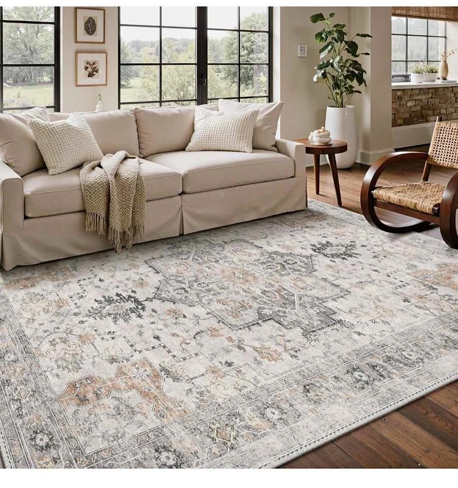 Brand new 8x10 Washable Area Rug - Taupe Vintage Floral