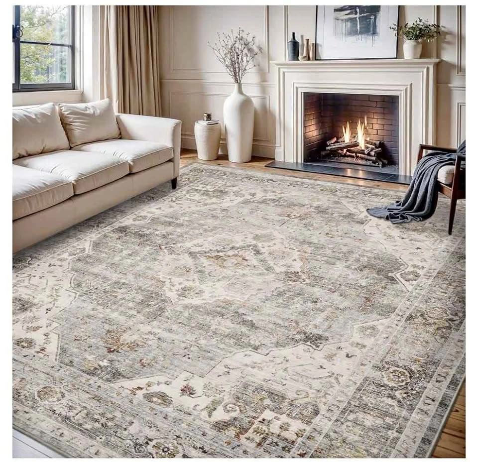 Brand New 8x10 Grey Machine Washable Vintage Area Rug
