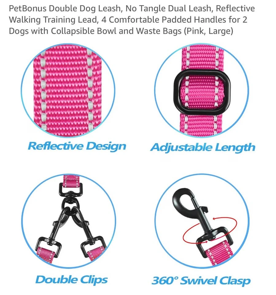 🩷 No-Tangle 2️⃣Double Dog Leash 🐶🐶 | Reflective | Pink - photo 4