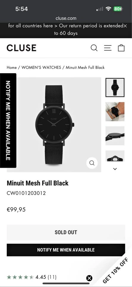 Minuit Mesh Full Black watch original Cluse with authentication