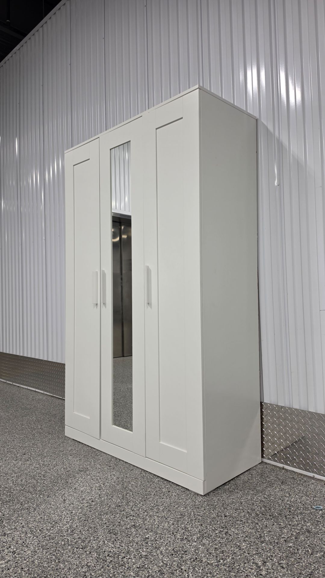 Large 3-Door White Wardrobe with Mirror & Custom Shelving