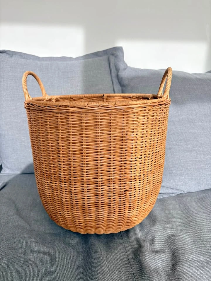 Tall Round Woven Wicker Basket with Handles