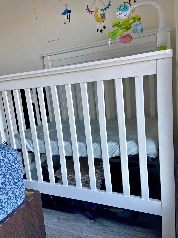 Crib with mattress, Crib mobile, Diaper caddy