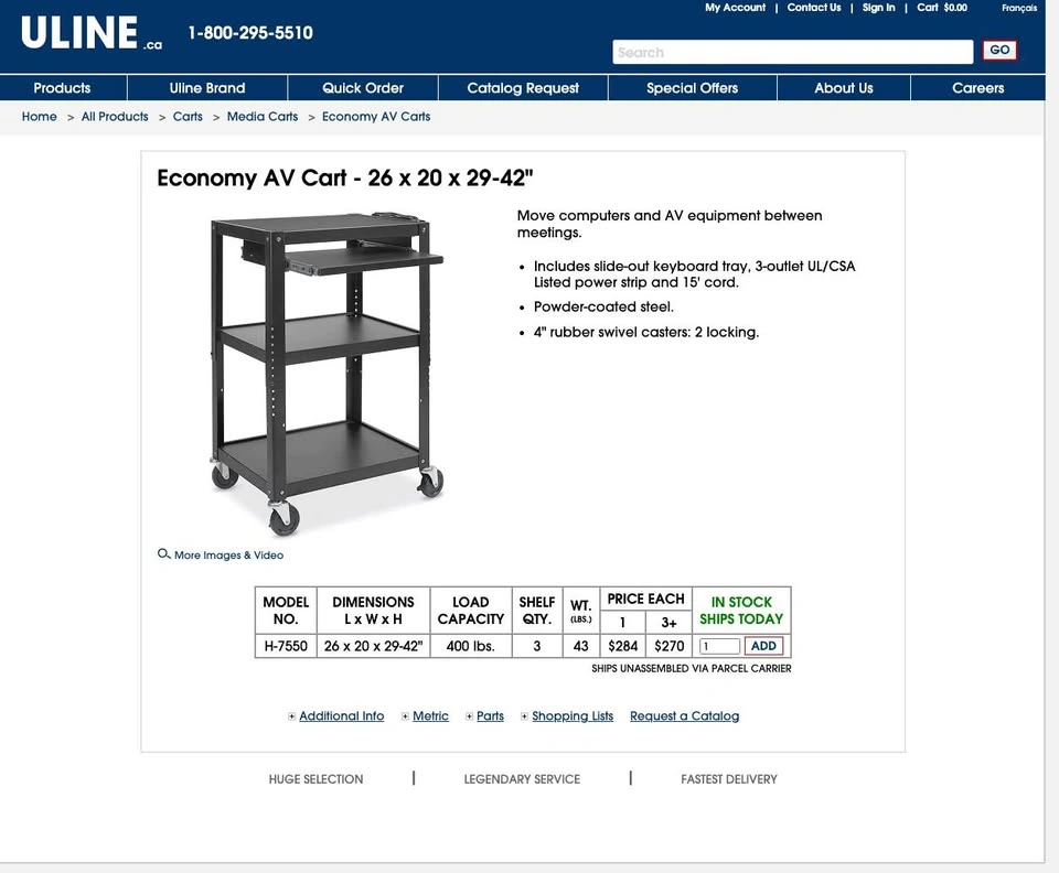 Uline AV Cart 400lb capacity, 3 shelf, casters - photo 2