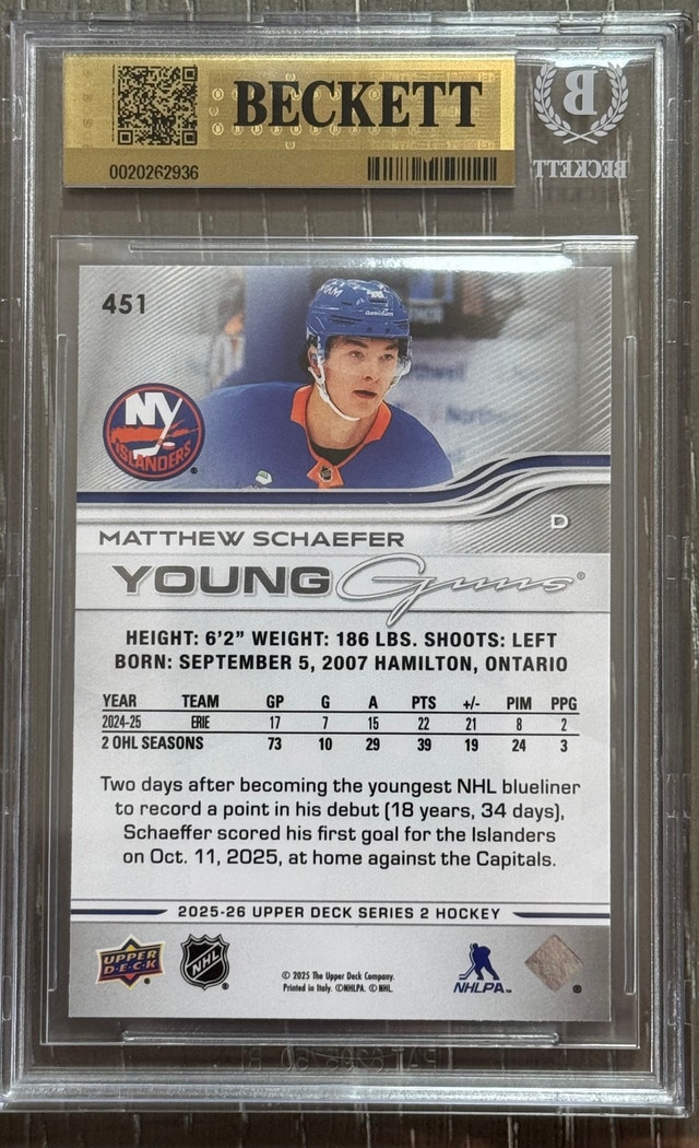 Upper Deck Matthew Schaefer Young Guns - photo 2