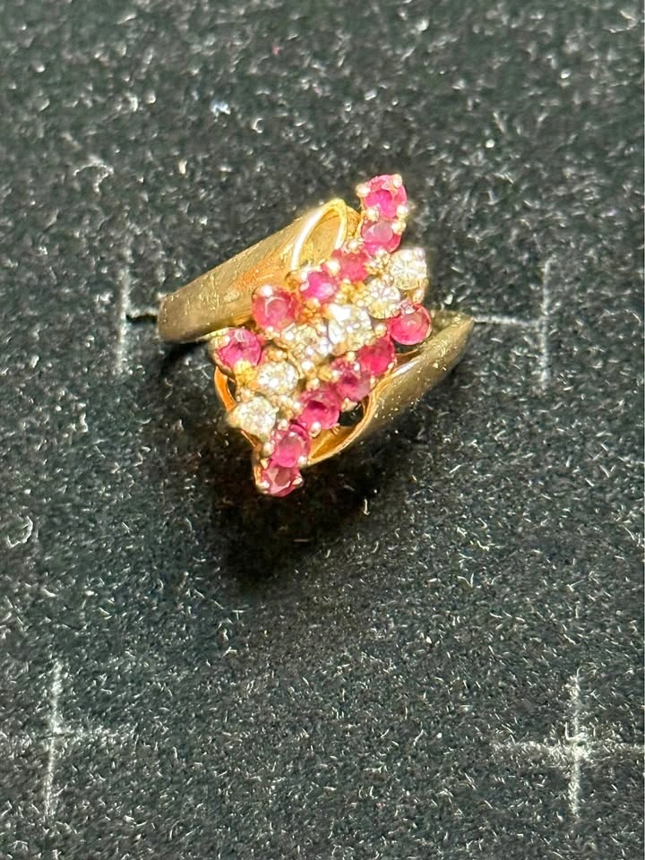 Vintage 14K Yellow Gold Ruby and Diamond Waterfall Cocktail Ring