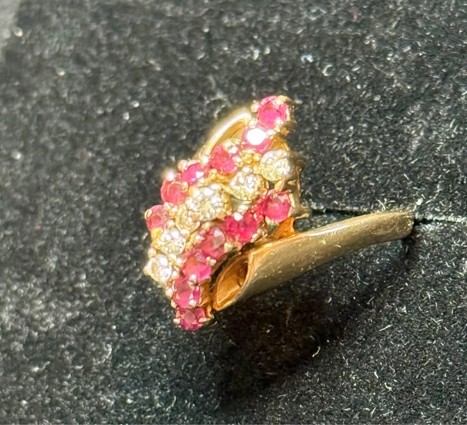 Vintage 14K Yellow Gold Ruby and Diamond Waterfall Cocktail Ring - photo 2