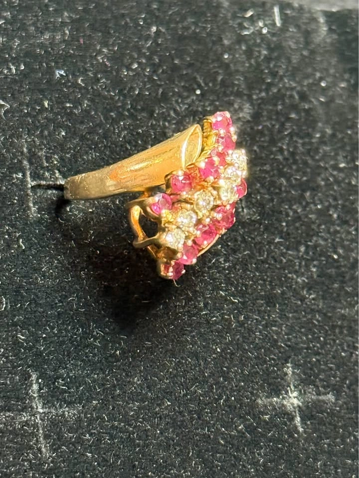 Vintage 14K Yellow Gold Ruby and Diamond Waterfall Cocktail Ring - photo 3