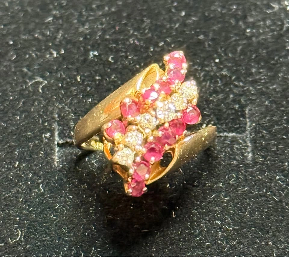 Vintage 14K Yellow Gold Ruby and Diamond Waterfall Cocktail Ring - photo 4