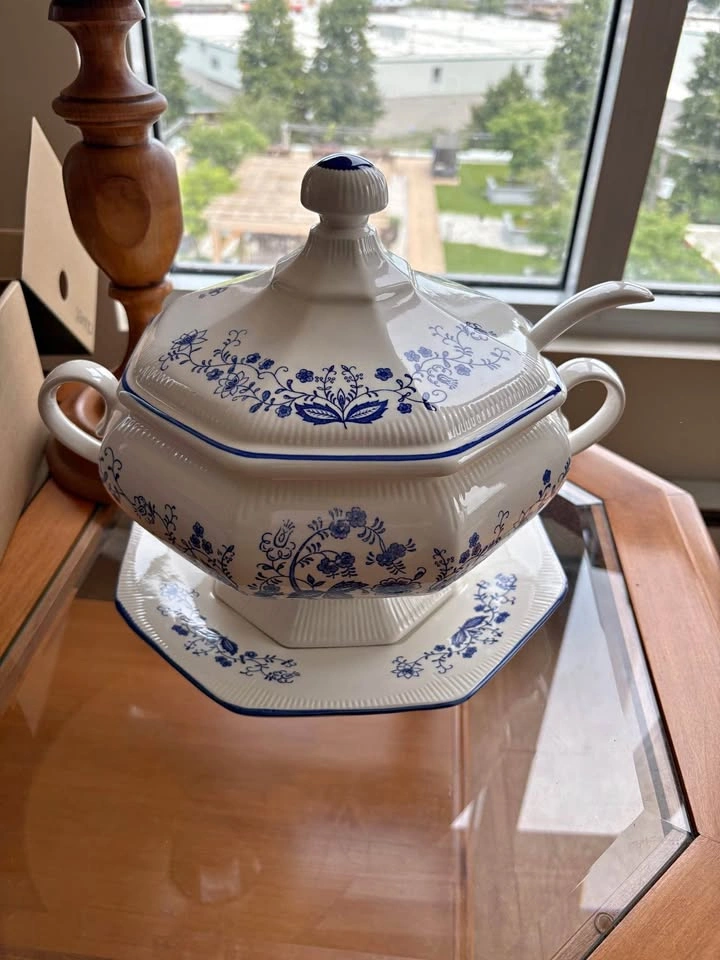 Vintage Blue Onion Pattern Ceramic Soup Tureen with Lid and Ladl