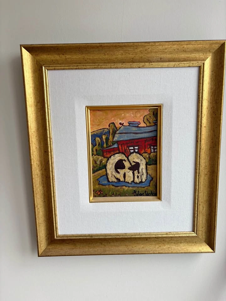 Framed Original Oil Painting - Red Barn and Sheep Landscape