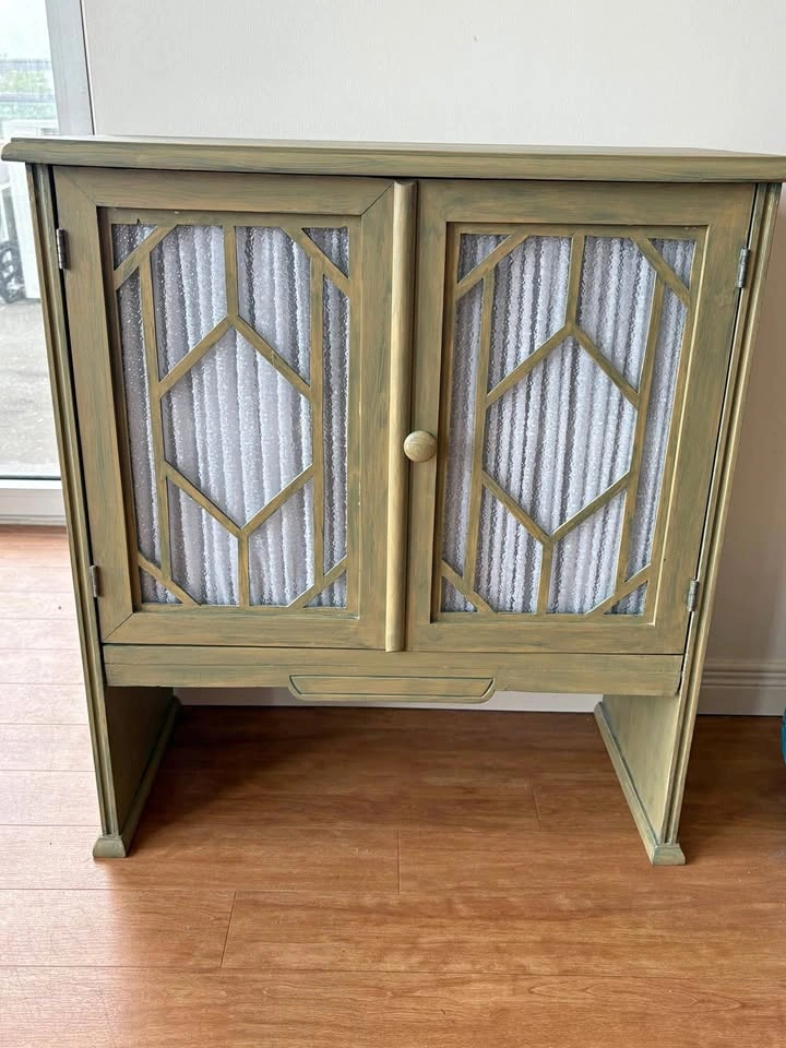 Green Painted Wood Cabinet with Lattice Doors