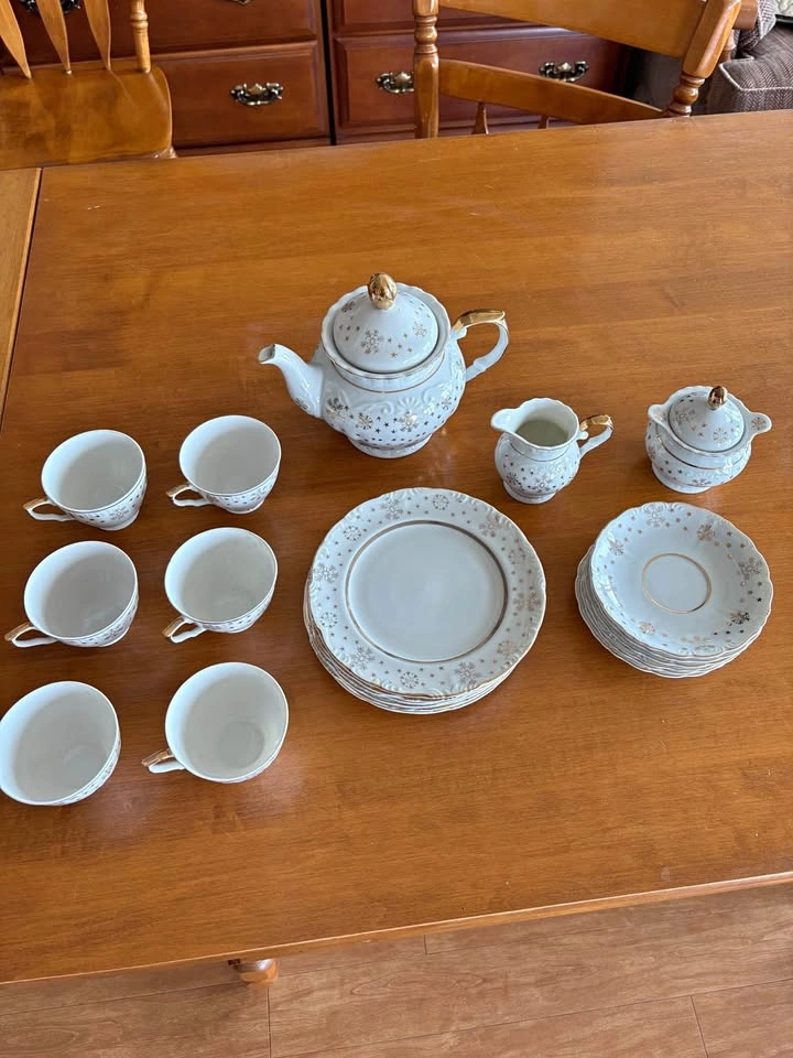 Vintage Porcelain Snowflake Tea Set with Gold Trim
