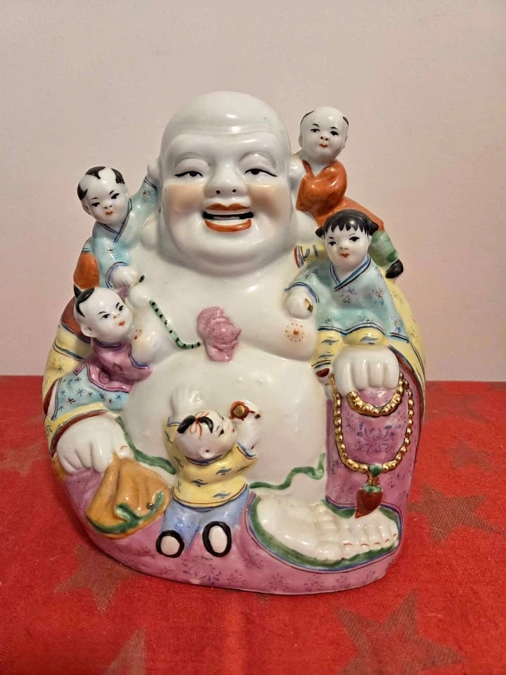 Vintage Chinese Laughing Buddha with five Boys