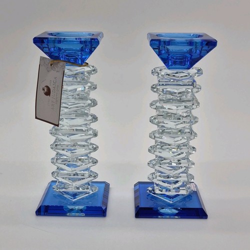 Art Judaica Glass Candlestick Pair Blue Clear Decorative Candle