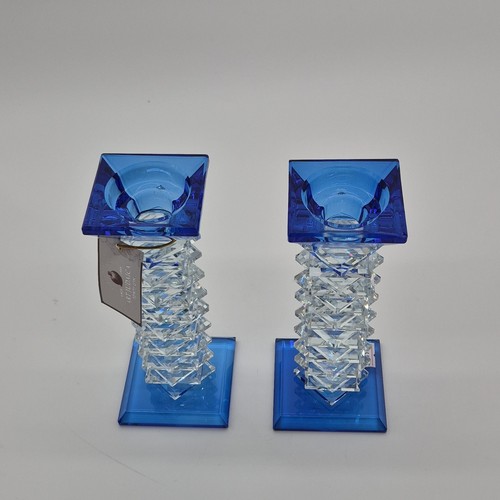 Art Judaica Glass Candlestick Pair Blue Clear Decorative Candle - photo 2