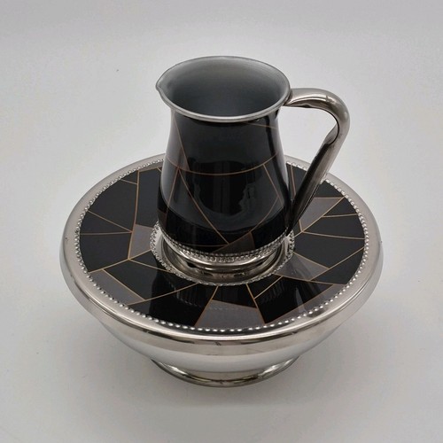 Godinger Geometric Black Silver Metal Pitcher Bowl Tray Set